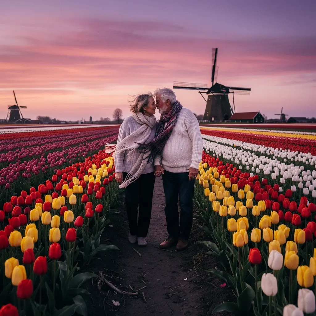 Landschapsfoto van bloeiende voorjaarsbloemen met de horizon op de achtergrond.