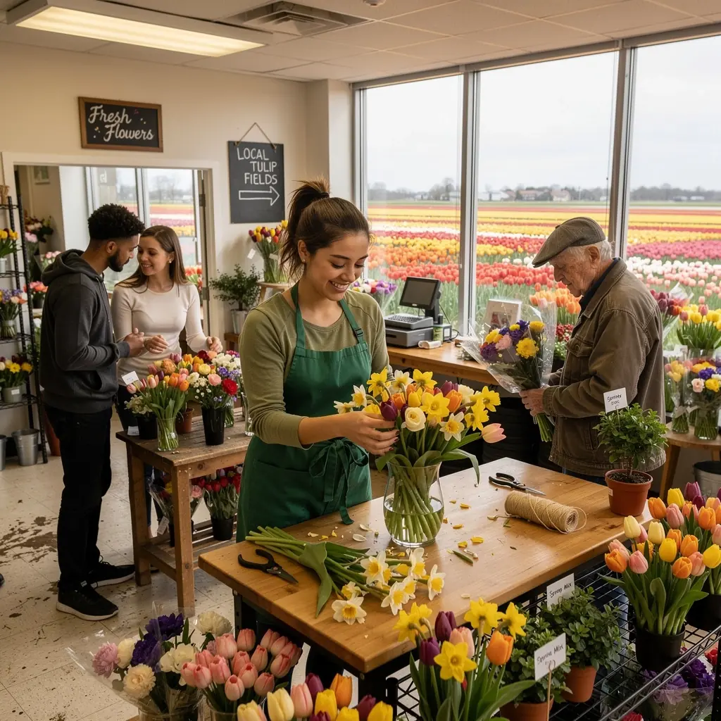 Gezellige sfeer met mensen die picknicken tussen de bloemenvelden.